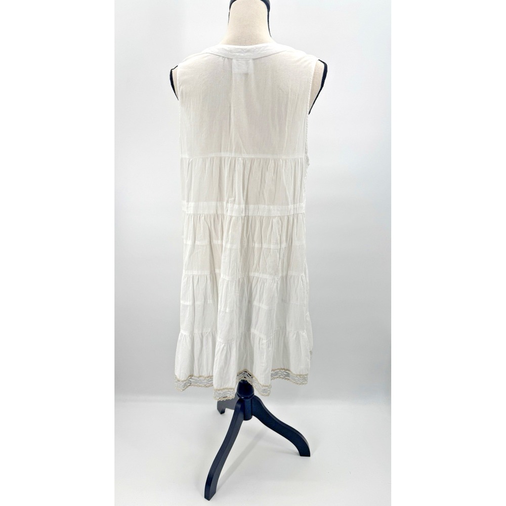 Free People White Cotton Tiered Dress Medium Beach Cover Up Gold Crochet Trim - Picture 7 of 12